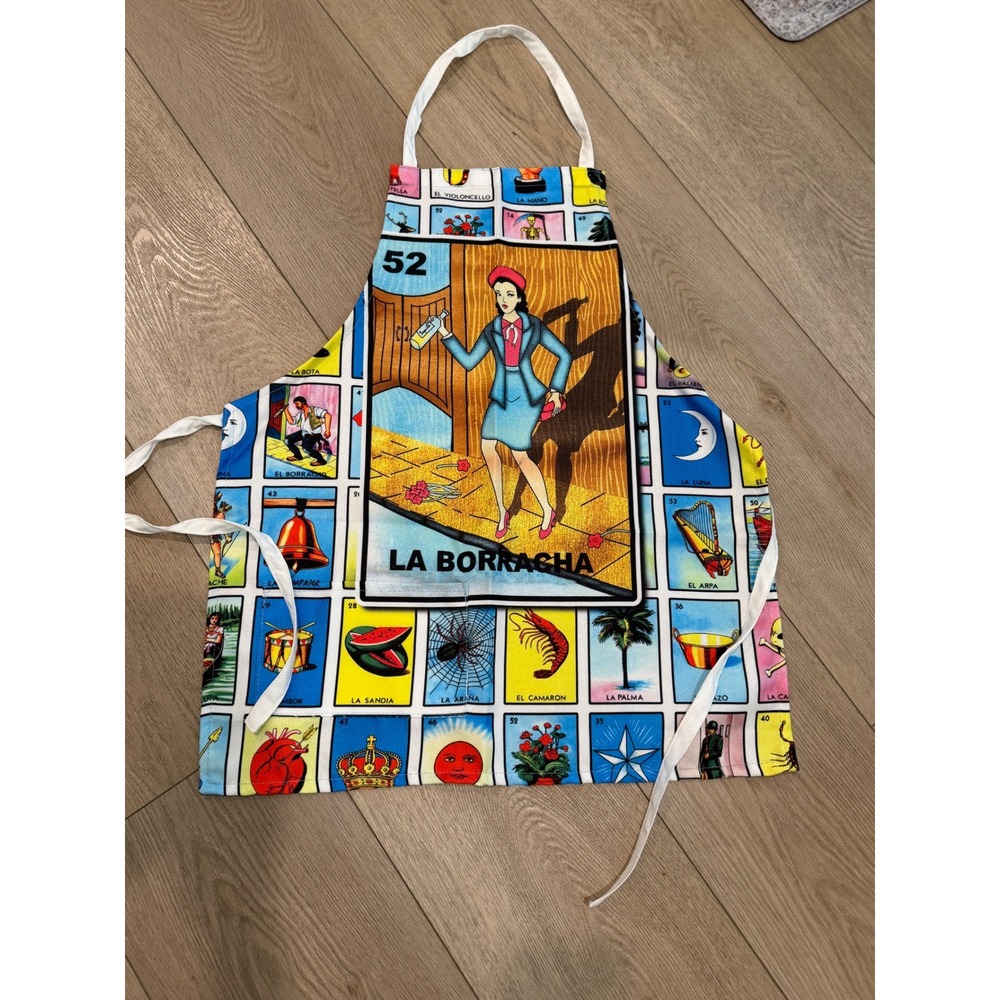 Loteria Mexican Bingo Apron La Borracha Card Print Kitchen Cooking Accessory